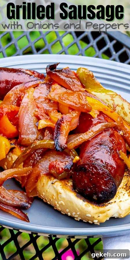 grilled sausage with onions and peppers Pinterest pin image