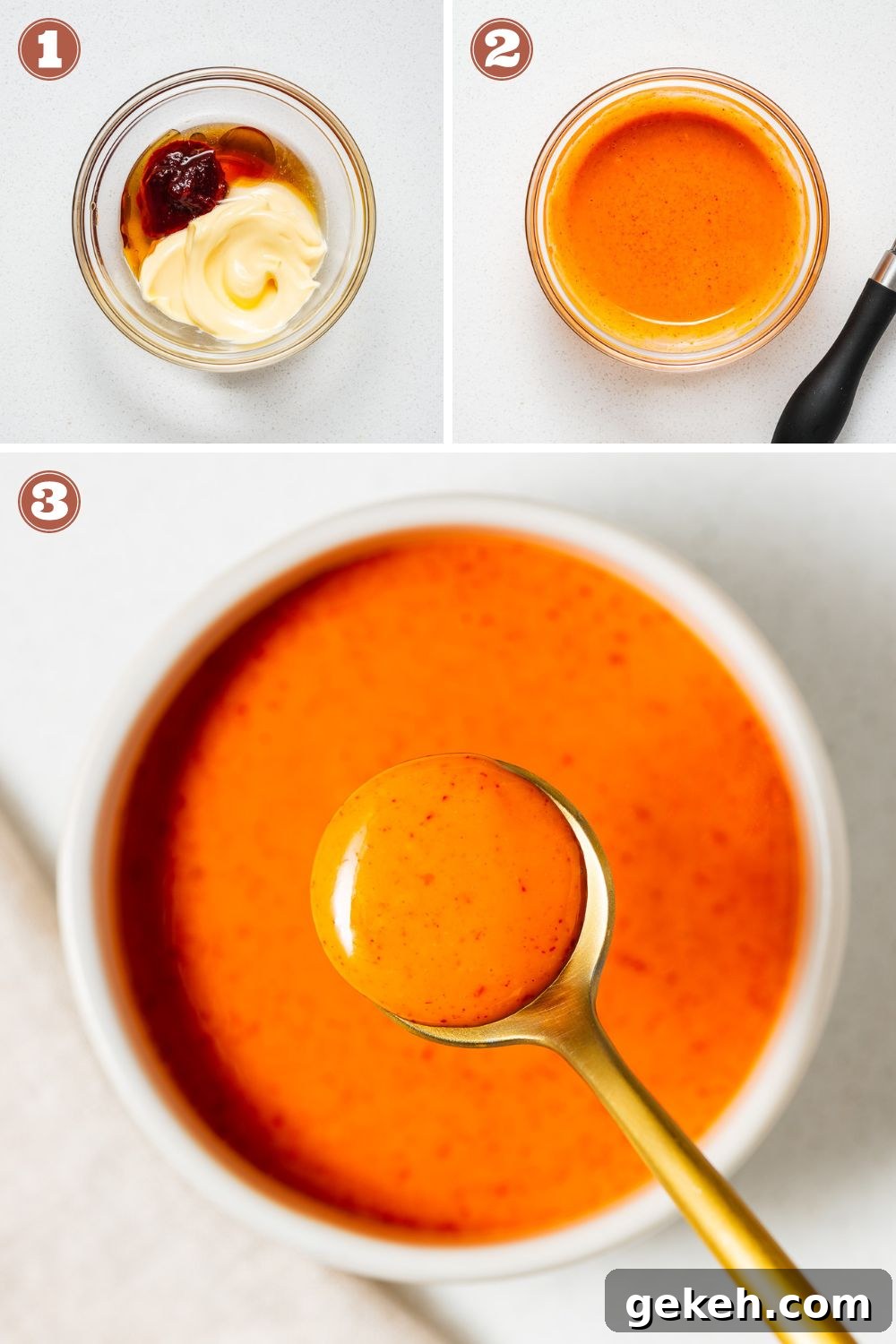 Spicy Gochujang Mayonnaise Sauce Recipe 4 A composite image with steps for how to make gochujang mayo.