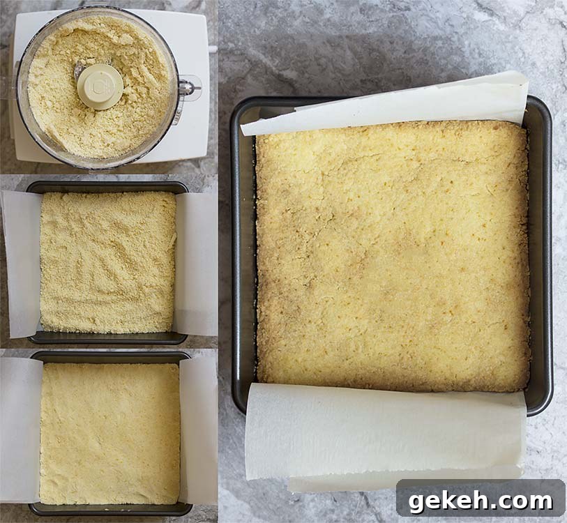 Step-by-step photos for making the shortbread crust. Collage of four pictures showing how to make the crust.