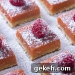 Meyer Lemon Raspberry Dessert Bars with Buttery Shortbread 2 Meyer lemon raspberry bars with a buttery shortbread crust and rich lemon-raspberry curd.