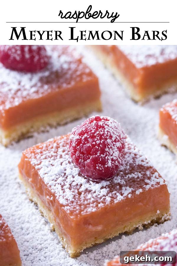 Meyer Lemon Raspberry Dessert Bars with Buttery Shortbread 3 Meyer lemon raspberry bars with a buttery shortbread crust and rich lemon-raspberry curd.