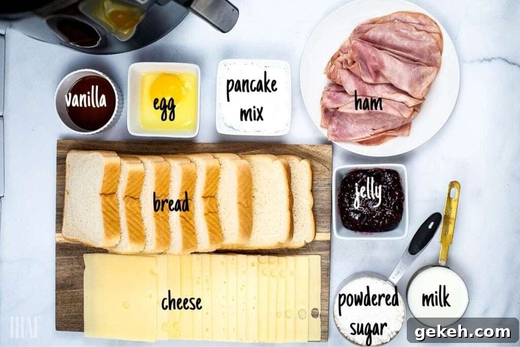 Crispy Air Fryer Monte Cristo Sandwich Recipe 3 ingredients labeled for air fryer monte cristo sandwiches