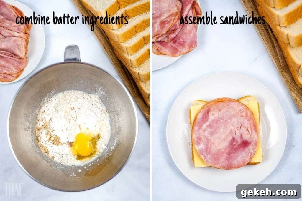 Crispy Air Fryer Monte Cristo Sandwich Recipe 4 two image collage showing the monte cristo batter being made and the sandwich being assembled