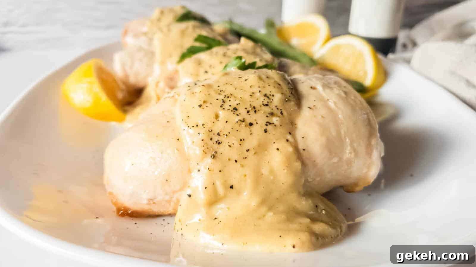 15 Sophisticated Dinner Ideas to Impress with Minimal Effort 15 A picture of chicken breasts with cheese sauce on a white plate.