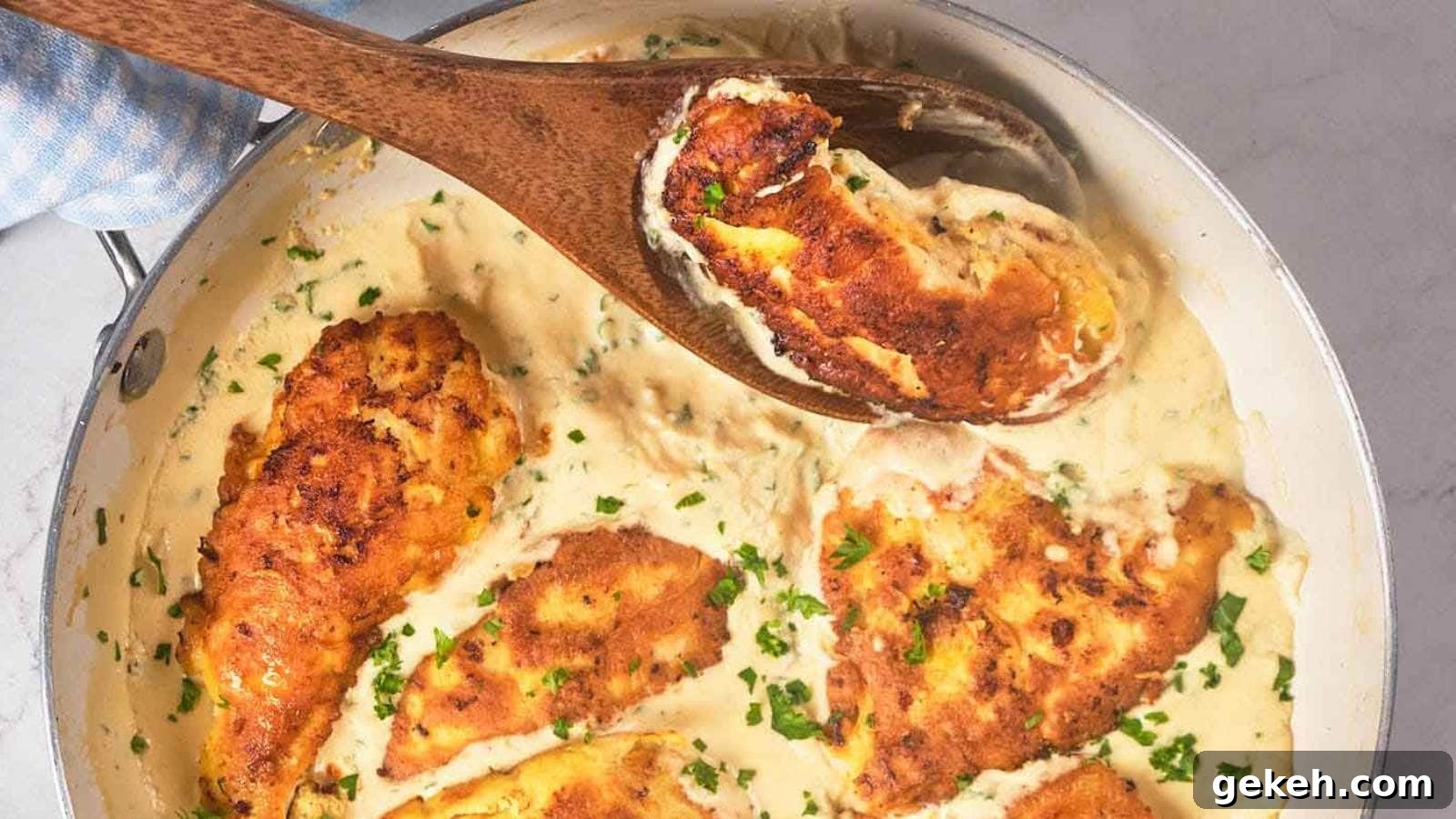 15 Sophisticated Dinner Ideas to Impress with Minimal Effort 5 A skillet filled with chicken francese garnished with chopped herbs, being stirred with a wooden spoon.