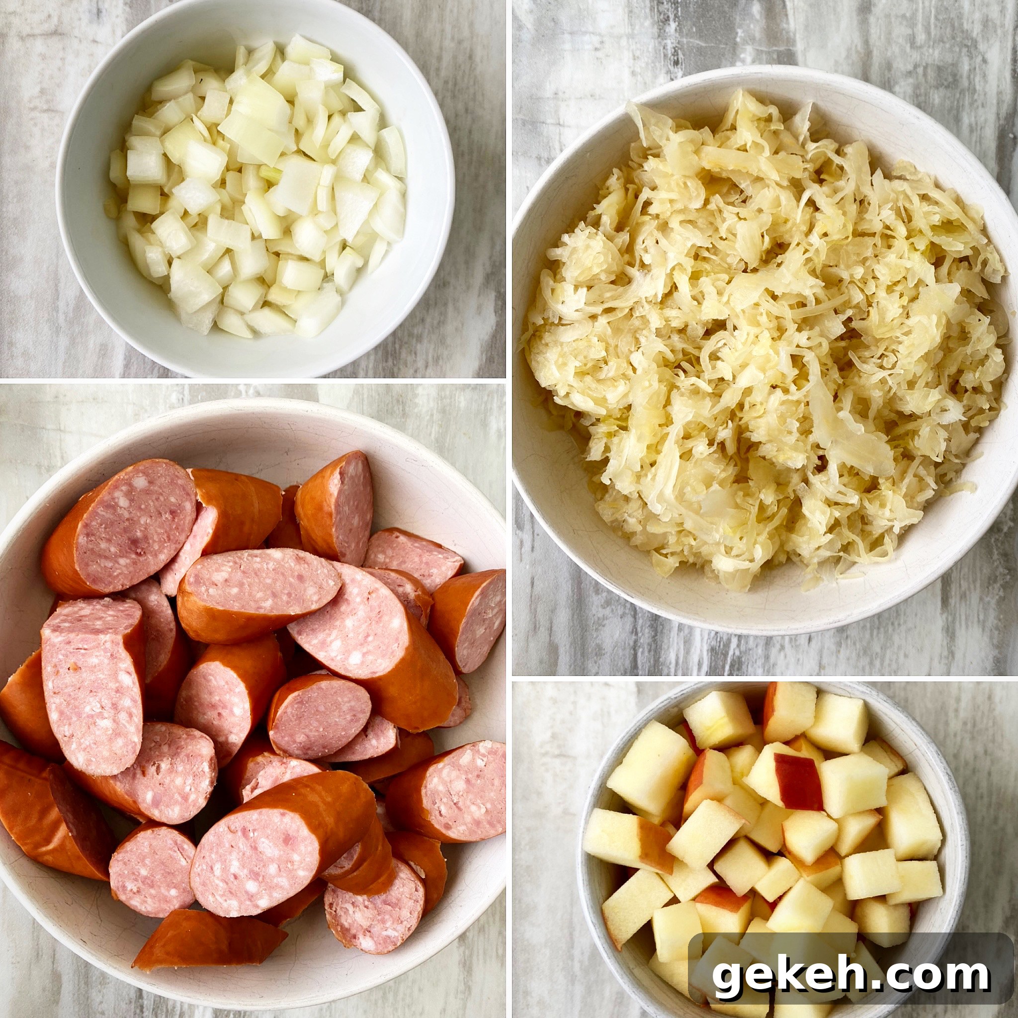 Slow Cooker Sausage with Sauerkraut: Simple Comfort Meal 3 collage of ingredients for Slow Cooker Sausage & Sauerkraut