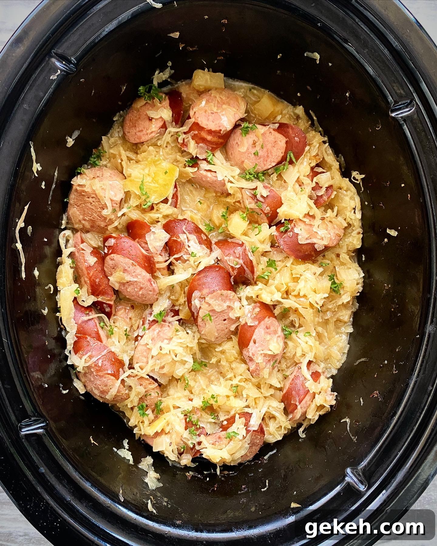 Slow Cooker Sausage with Sauerkraut: Simple Comfort Meal 5 cooked Slow Cooker Sausage & Sauerkraut in the slow cooker