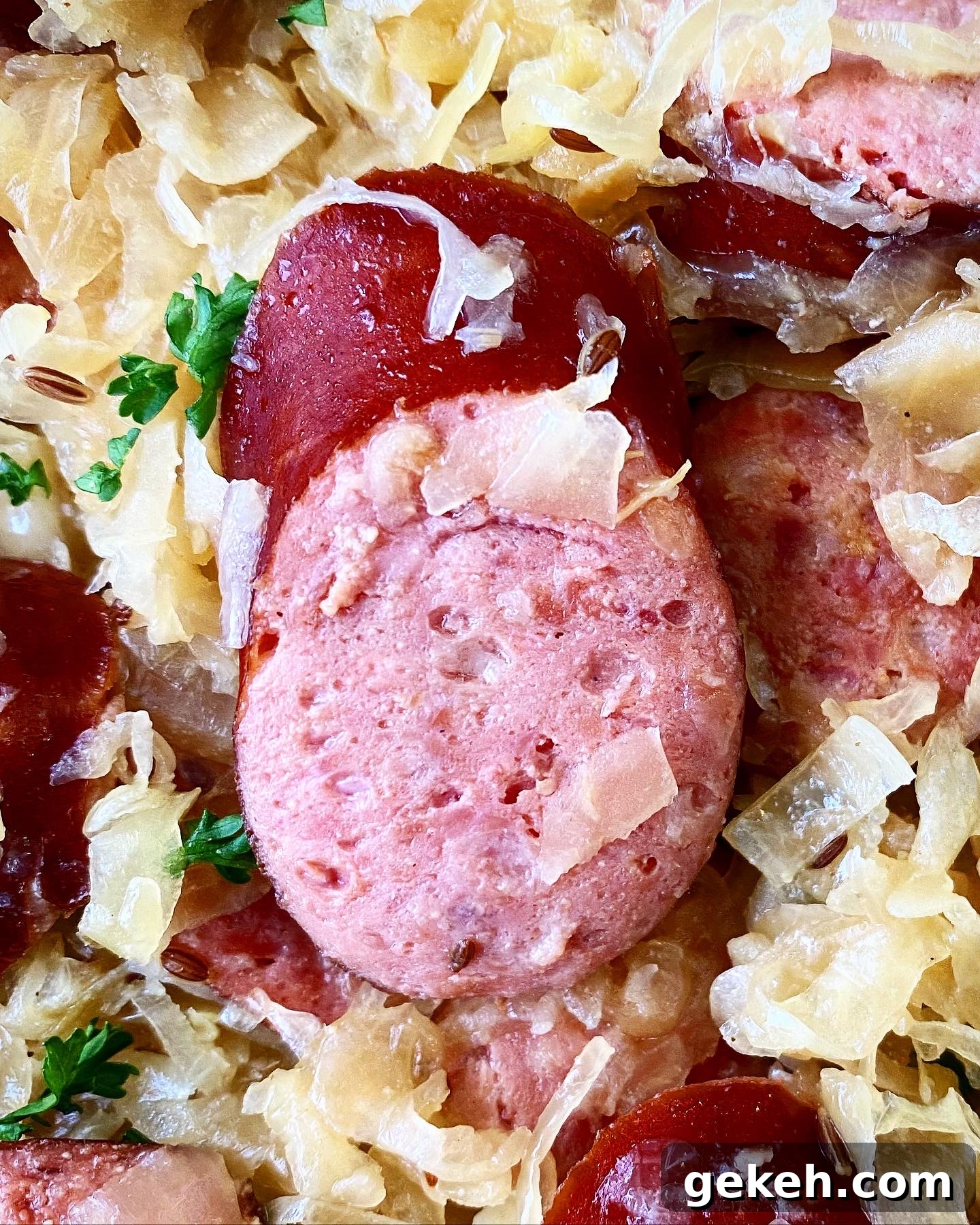 Slow Cooker Sausage with Sauerkraut: Simple Comfort Meal 7 close up of Sausage & Sauerkraut in a bowl