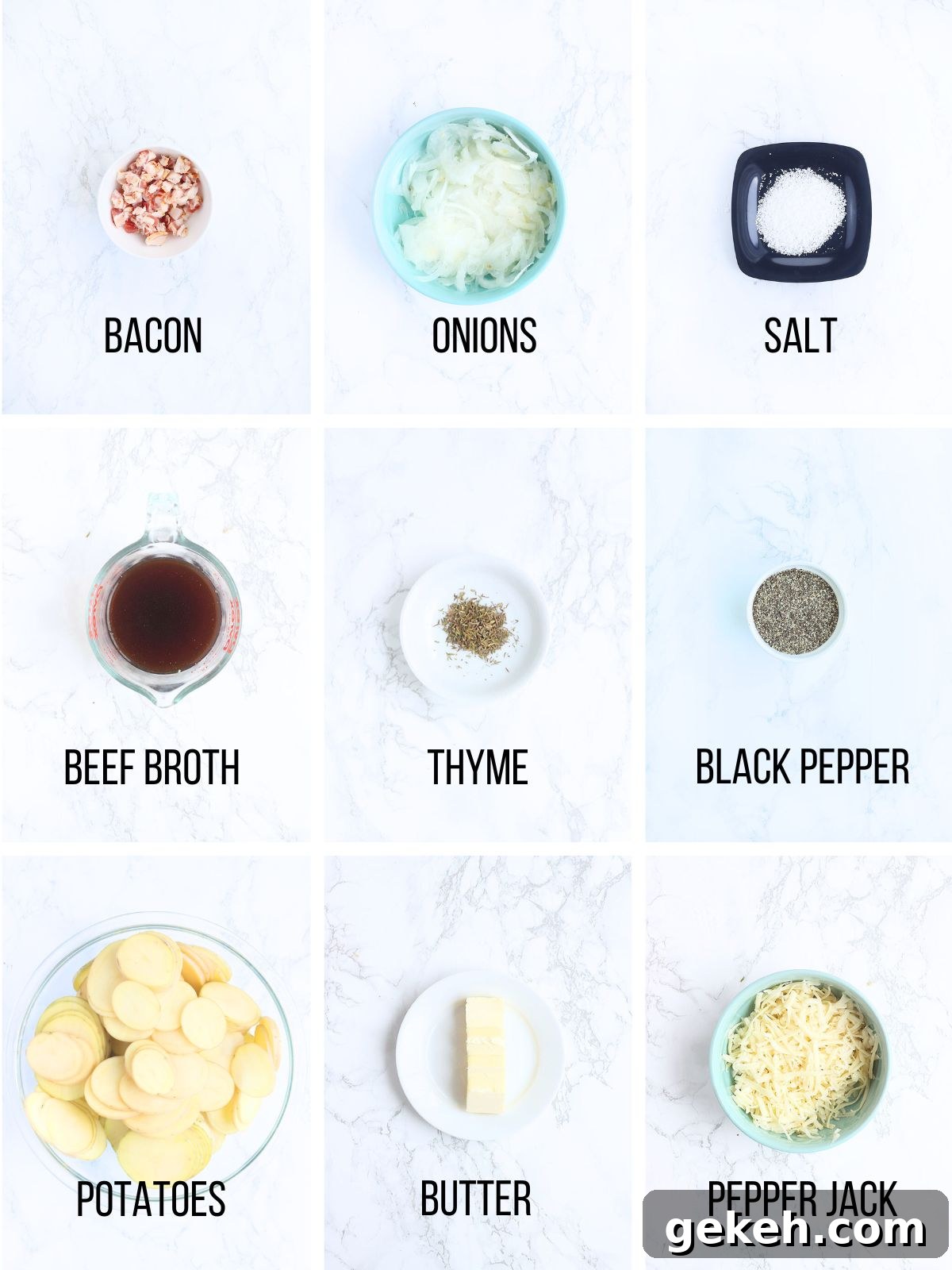 Creamy Scalloped Potatoes with Crispy Bacon 3 Collage of ingredients needed to make scalloped potatoes with bacon.