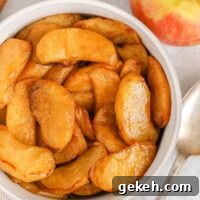 Air fried apples sprinkled with cinnamon in a small white bowl with a spoon next to the bowl.