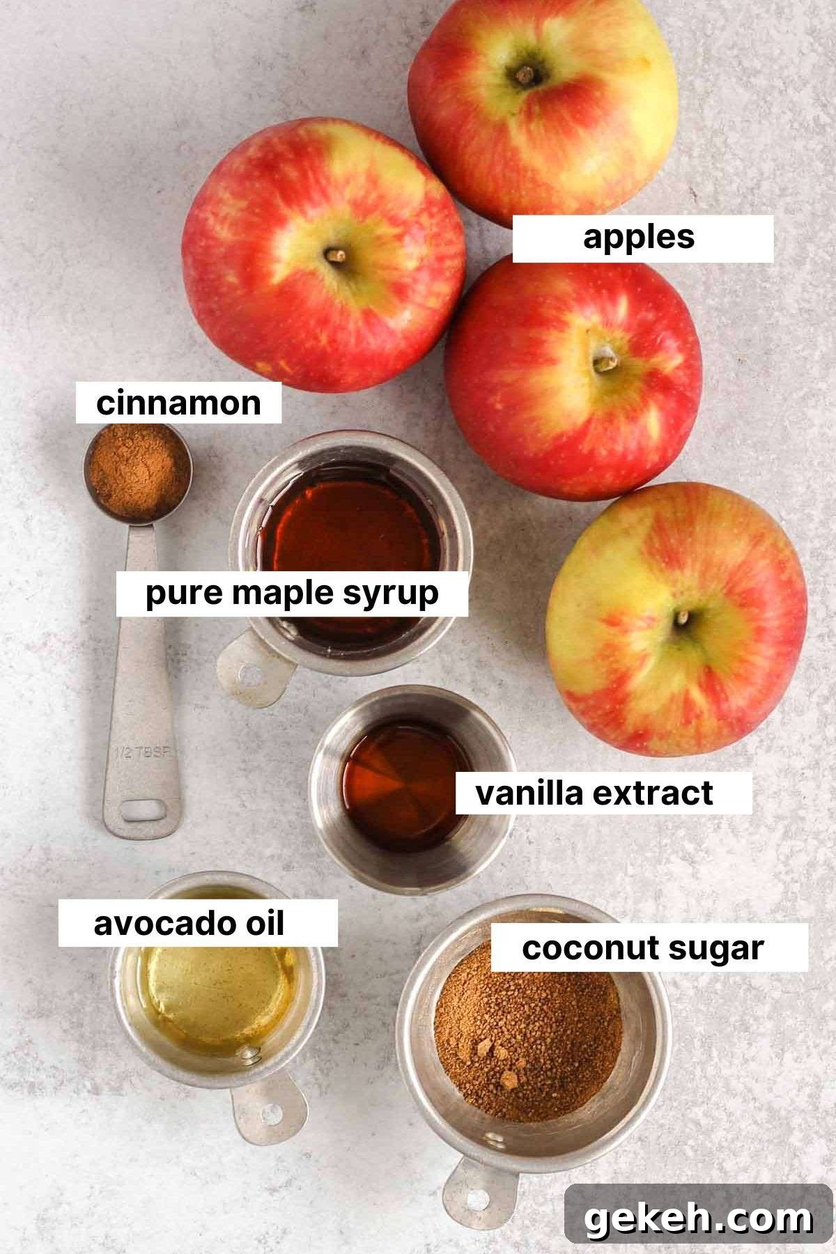 Labeled ingredients for air fryer apples.