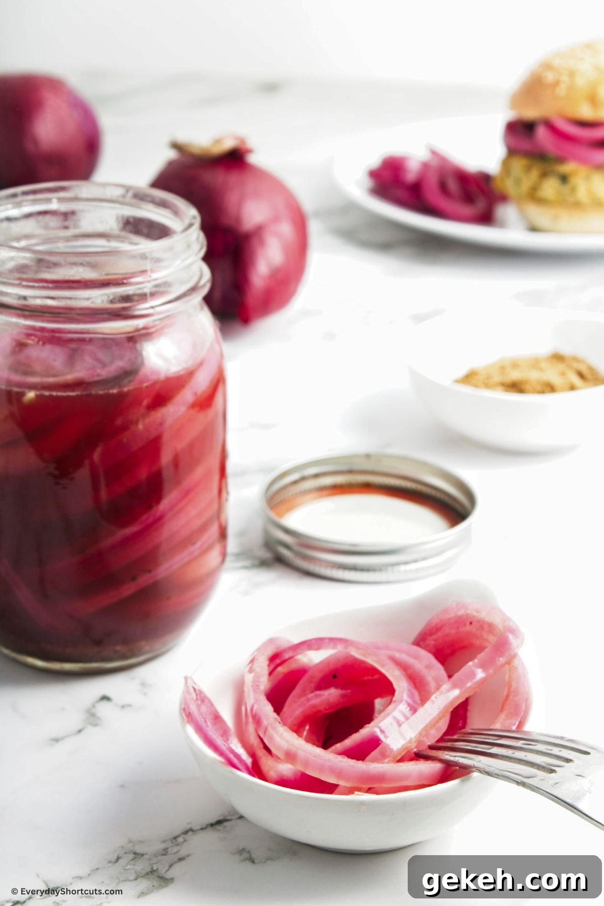 Crisp Quick-Pickled Red Onions for Toppings and Salads 9 pickled red onions in a bowl