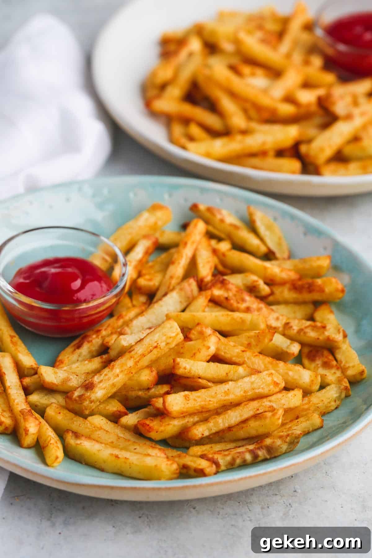 Air Fryer French fries served on a plate with ketchup